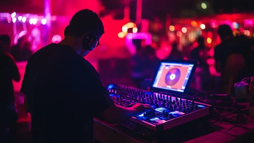 DJ Performing at Nightclub with Colorful Lights