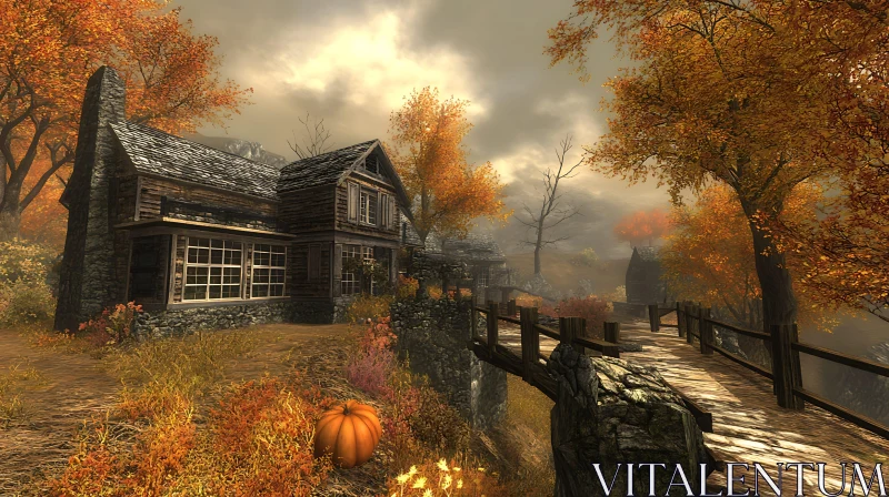 Autumn Forest Cabin with Wooden Walkway AI Image