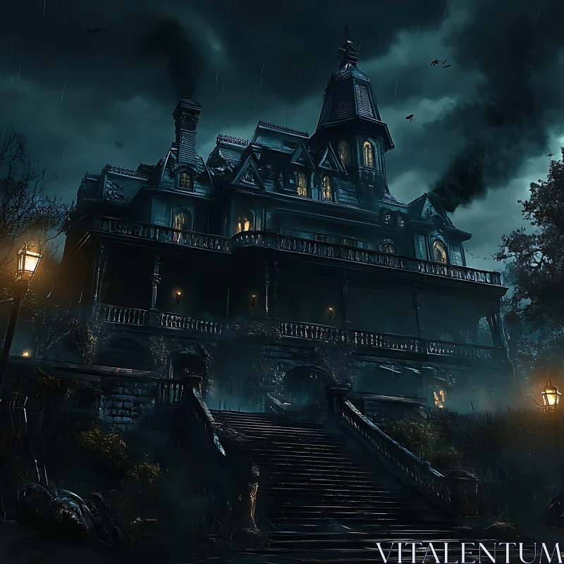 Spooky Haunted Mansion at Night AI Image