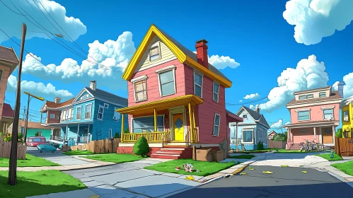 Charming Cartoon Suburb with Bright Homes