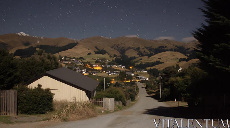 Tranquil Village at Night with Hills AI Image