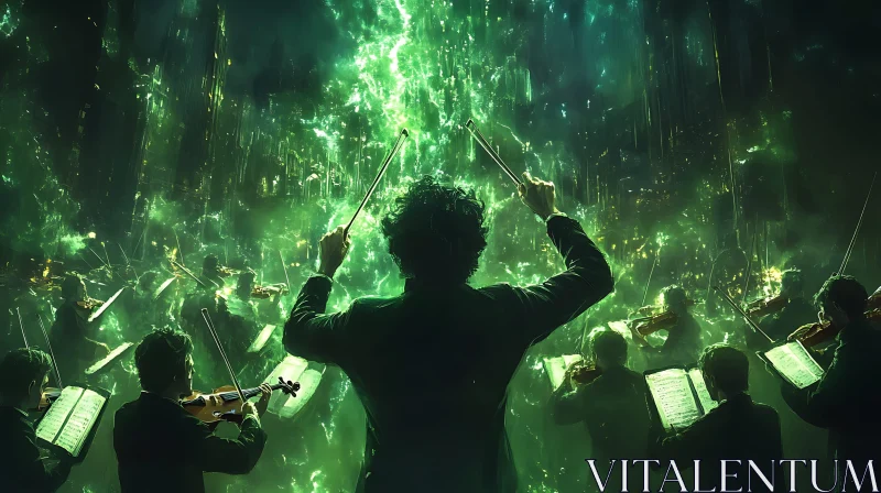 Ethereal Musical Conductor in a Green Explosion AI Image