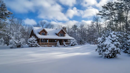 Tranquil Snow-Covered Cabin in the Forest