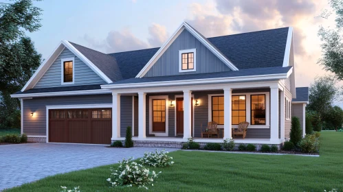 Contemporary Single-Story Suburban Home with Green Lawn