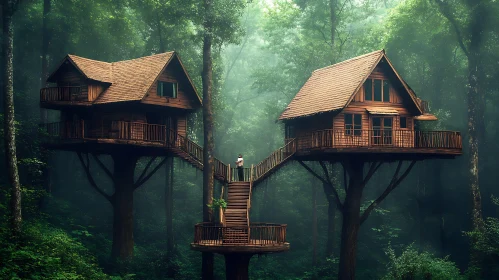 Rustic Treehouses Connected by a Wooden Bridge