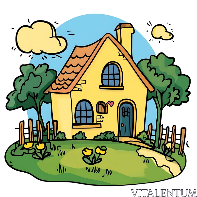 Cartoon Yellow House with Trees and Flowers AI Image