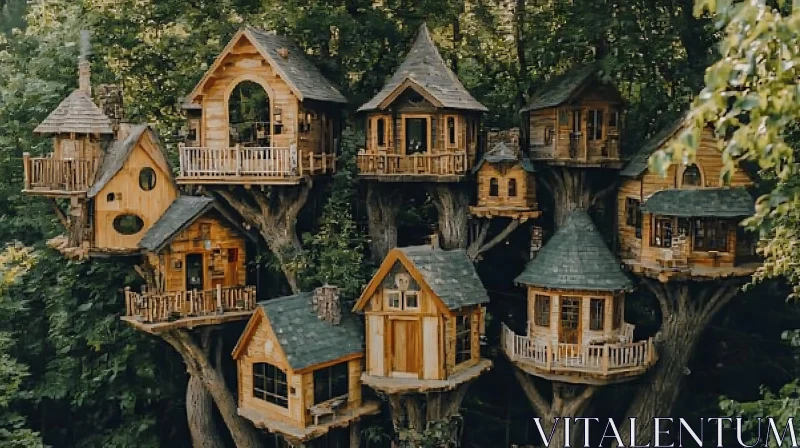 AI ART Whimsical Wooden Treehouses Amidst Nature