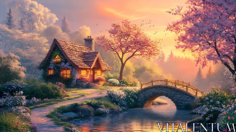 Serene Cottage and Stone Bridge at Sunset AI Image