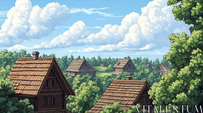 AI ART Tranquil Village with Wooden Homes and Verdant Foliage