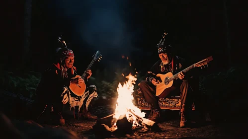 Nighttime Guitar Playing Around a Campfire