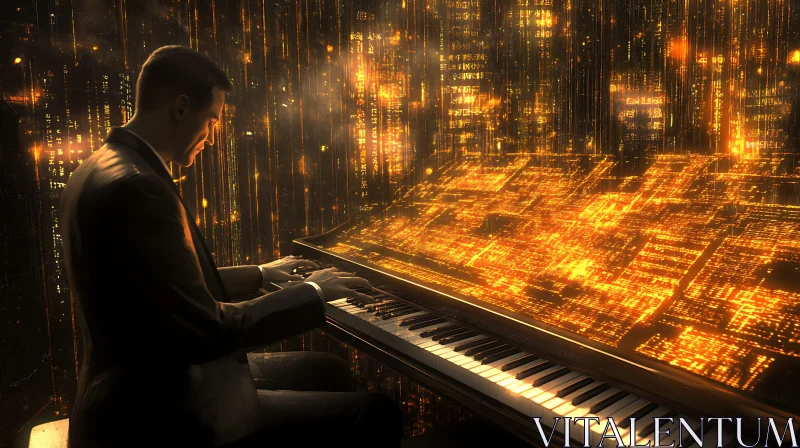 AI ART Tech-Savvy Pianist in Modern Digital Ambiance