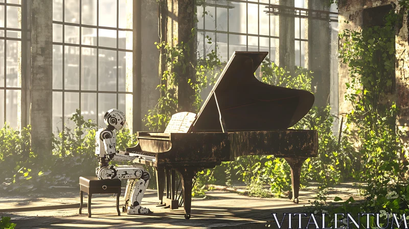 AI ART Robot at Grand Piano in Overgrown Space