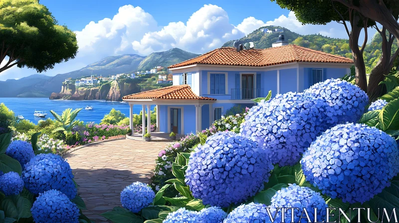 Scenic Coastal Cottage with Vibrant Hydrangea Gardens AI Image