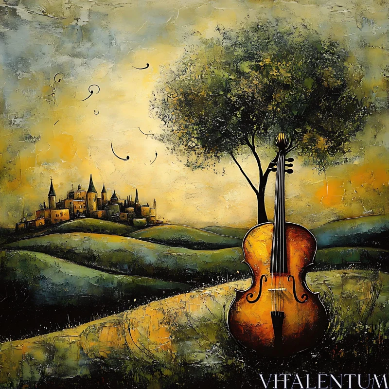 Dreamlike Hillside with Cello and Castle Painting AI Image