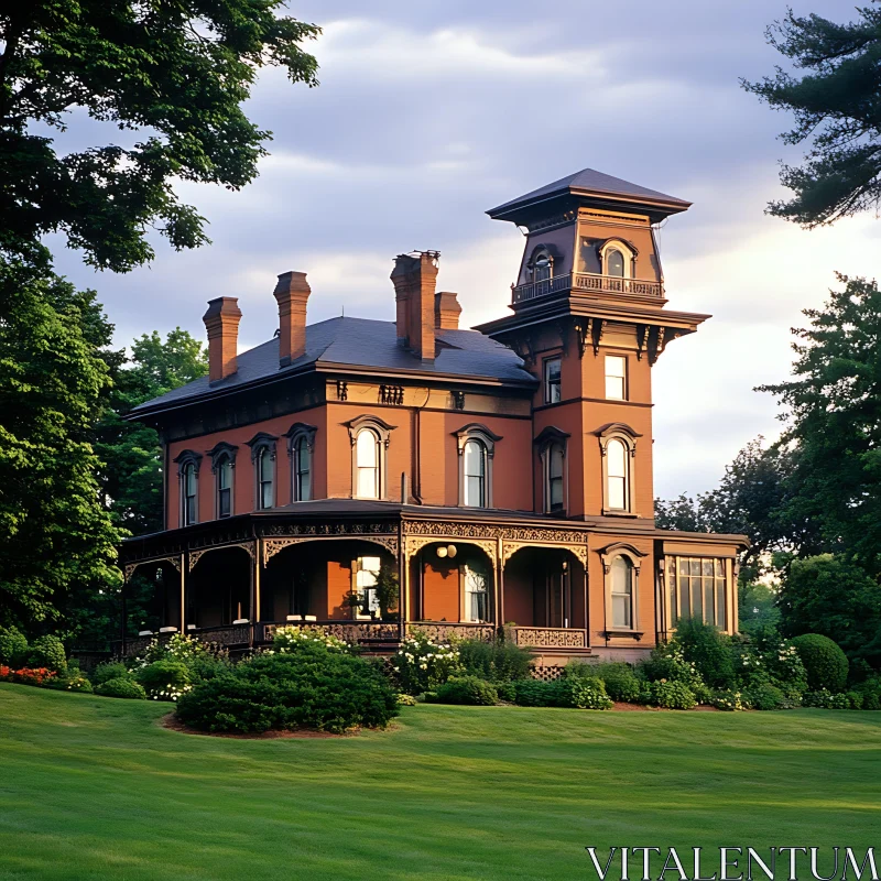 Elegant Victorian-Style House in a Beautiful Garden AI Image