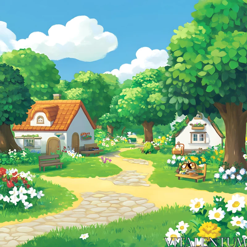 Tranquil Gardens and Cozy Cottages in a Sunny Countryside AI Image