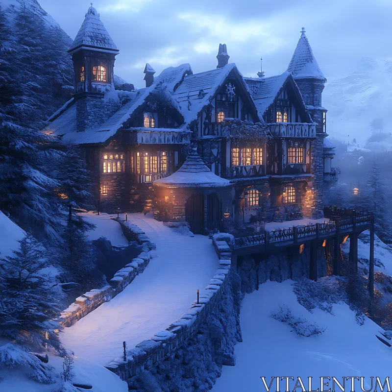 Winter Wonderland: Illuminated Mountain Castle AI Image