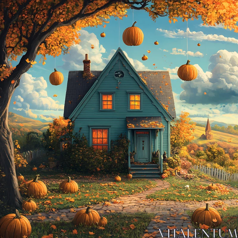 Autumn Scene with Blue Cottage and Pumpkins AI Image