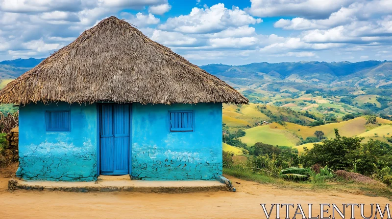 Blue House with Straw Roof in Beautiful Landscape AI Image