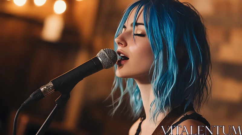 Woman with Blue Hair Singing on Stage AI Image