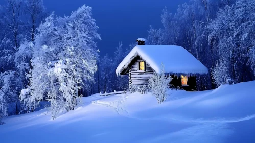 Tranquil Snowy Forest Cabin at Night