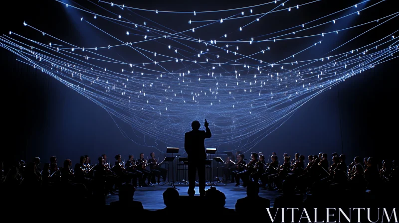 Conductor Leading Orchestra under Star-like Lights AI Image