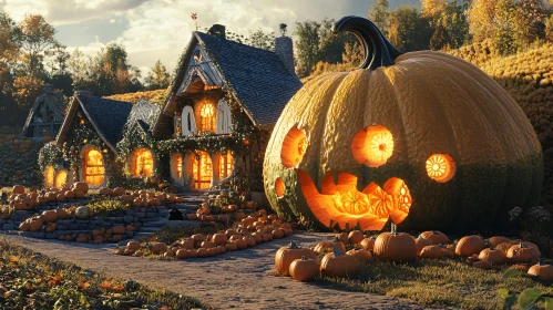 Halloween Cottages and Giant Glowing Pumpkin