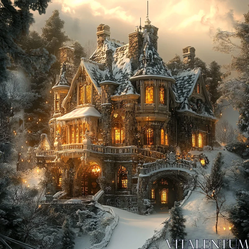 Mystical Winter Mansion with Warm Lights AI Image