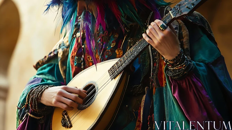 Detailed Close-Up of Musician with Lute and Colorful Attire AI Image