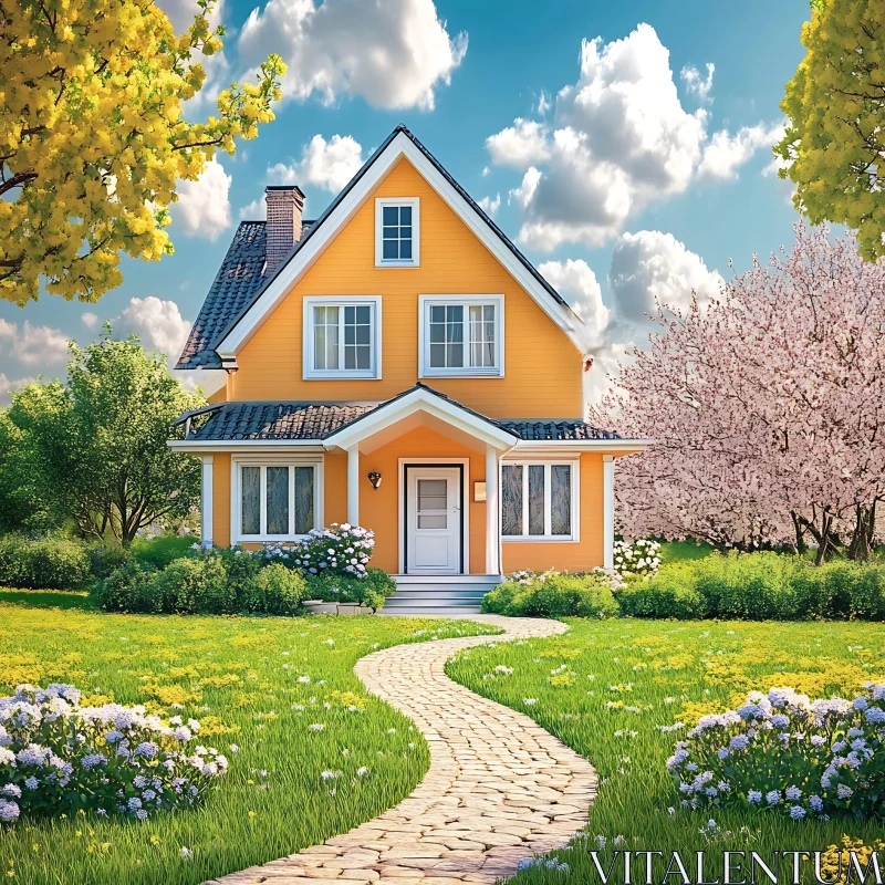 Picturesque Yellow Cottage with Blooming Garden AI Image