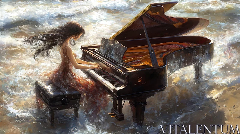 Ethereal Woman and Piano Amidst Ocean Waves AI Image