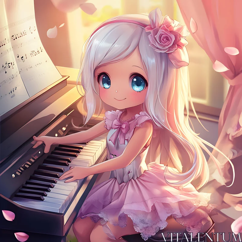 Anime Girl at Piano with White Hair and Pink Dress AI Image