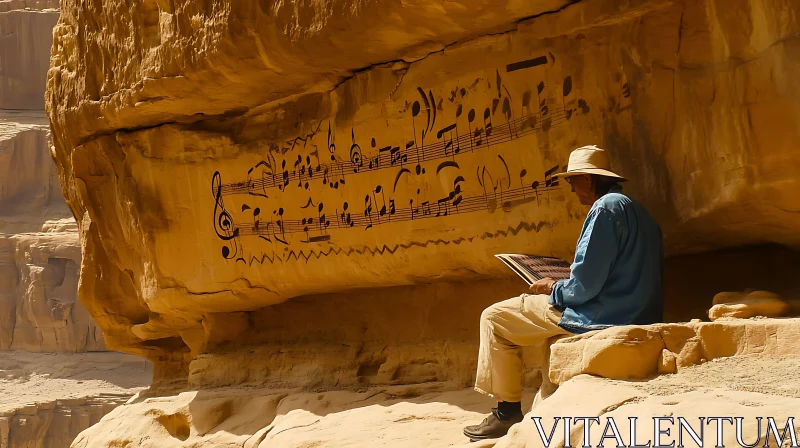 Desert Cliff with Musical Engravings and Man AI Image