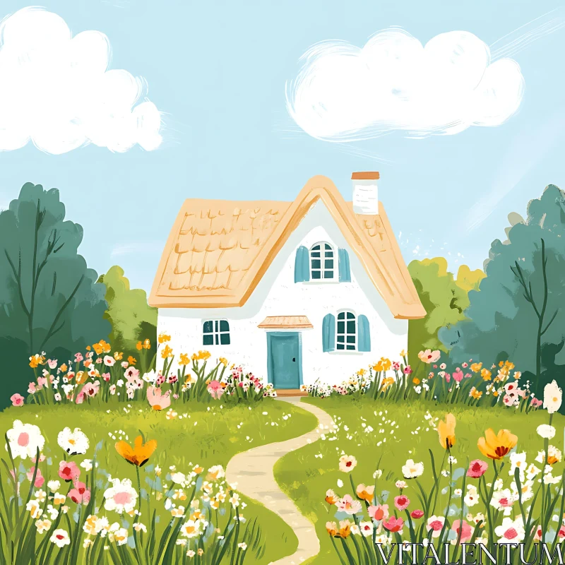 Picturesque Cottage in Blooming Garden AI Image