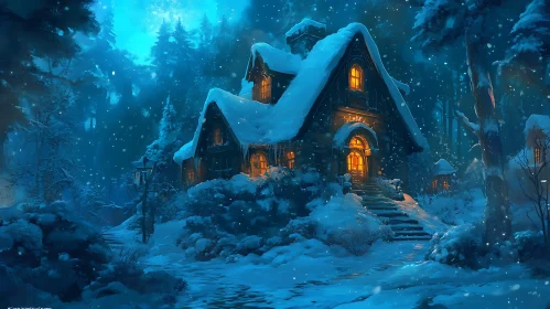 Cozy Cottage Amid Winter Night