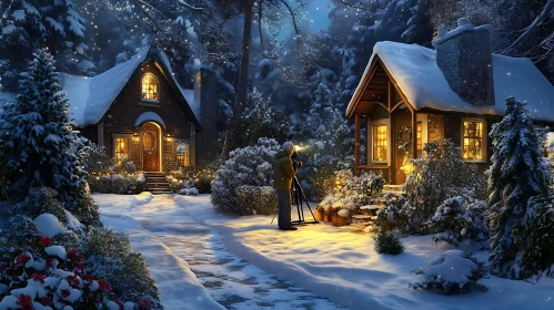 Snowy Night at Cozy Forest Cabins