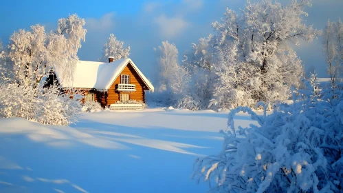 Idyllic Snowy Winter Scene with Cozy Cabin