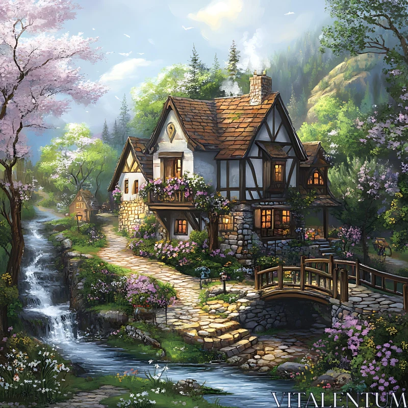 Lush Garden Cottage with Stream and Bridge AI Image