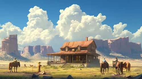 Desert Homestead with Cowboys and Horses in Scenic Landscape