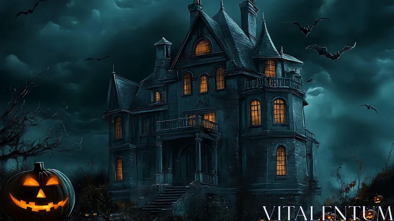 Spooky Halloween Night at a Gothic Mansion AI Image