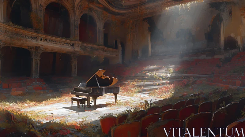 Abandoned Theater Stage with Sunlit Grand Piano AI Image