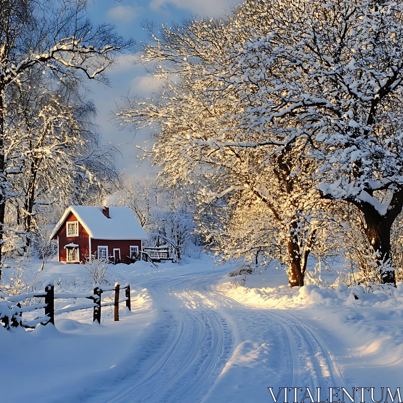 AI ART Picturesque Cabin in Snowy Forest Pathway