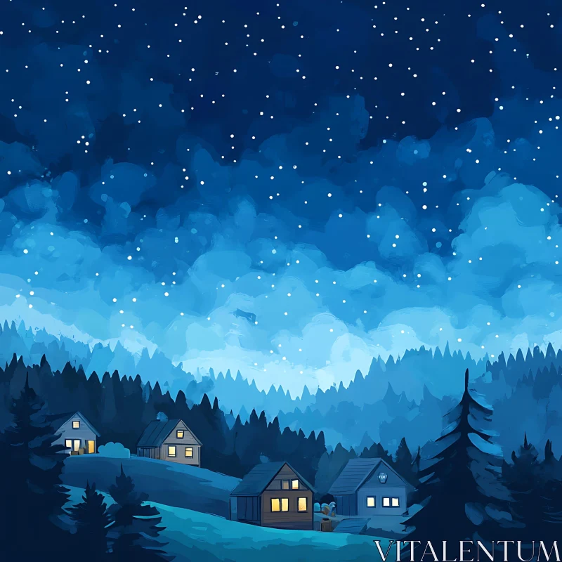 Serene Night in Forest with Starry Sky and Homes AI Image