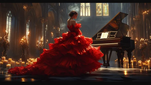 Mystical Cathedral With Piano and Red Gown