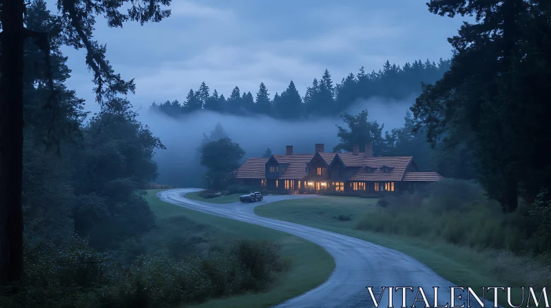 AI ART Misty Evening by the Forest House