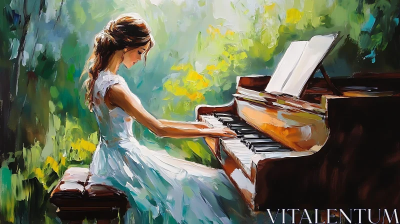 Woman in White Dress Playing Piano in a Green Garden AI Image