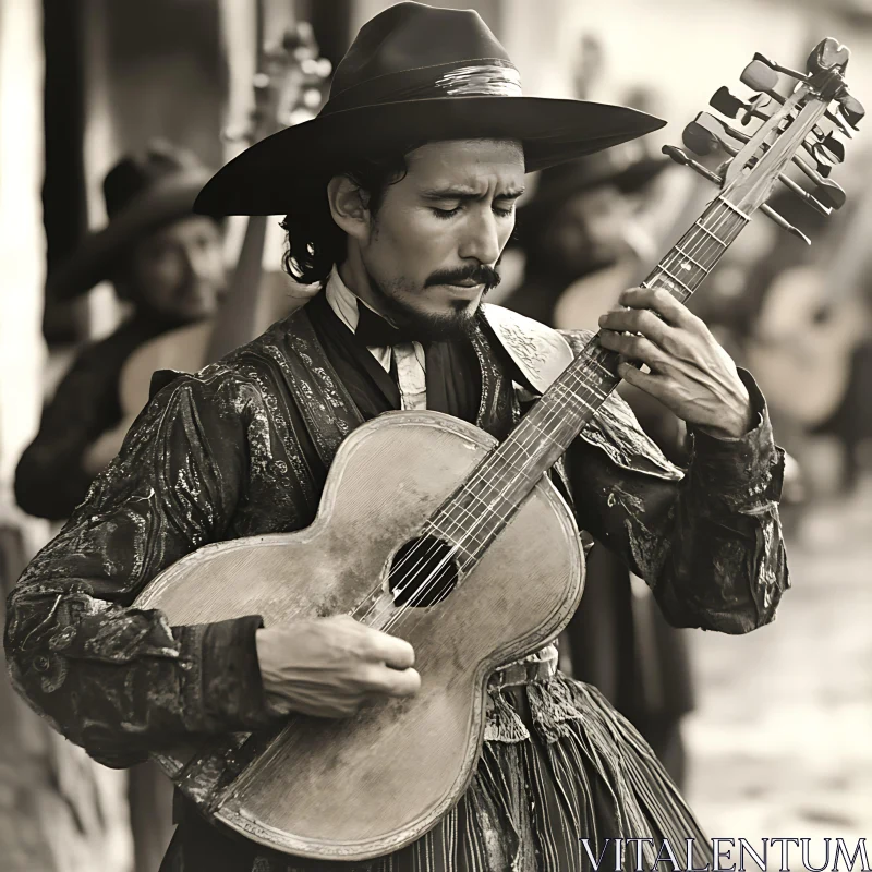 Sepia Photo of Guitarist in Traditional Attire AI Image