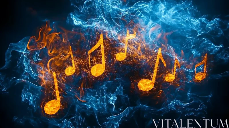 Fiery Music Notes in Blue Smoke Abstract Art AI Image