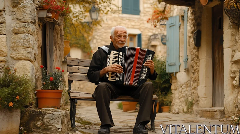 Accordion Player in Rustic Street Setting AI Image