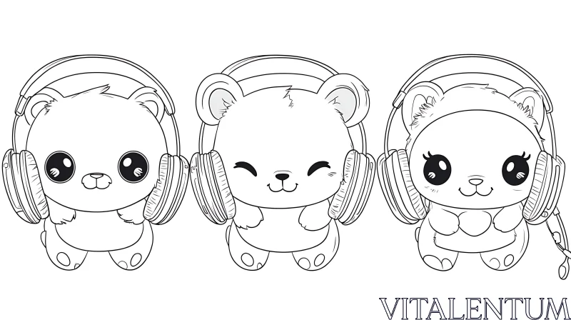 Charming Line Art of Bears Wearing Headphones AI Image